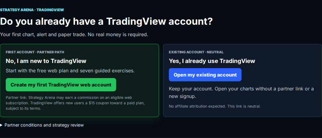 The actual Strategy Arena account choice: disclosed first-account partner path or neutral existing account