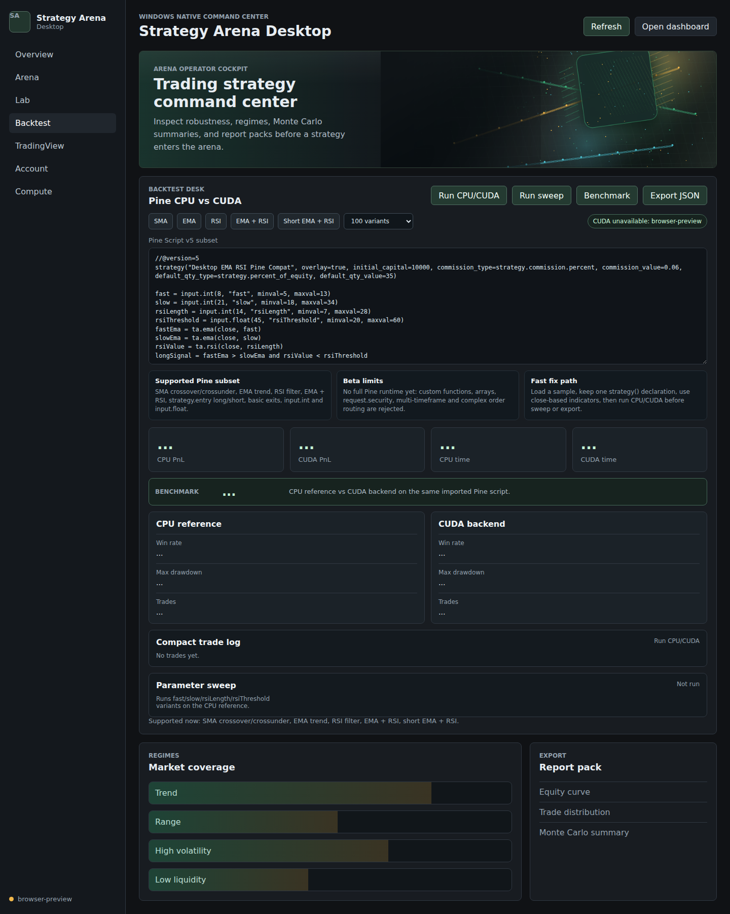 Strategy Arena Desktop Backtest screen showing Pine Script CPU CUDA benchmark and parameter sweep