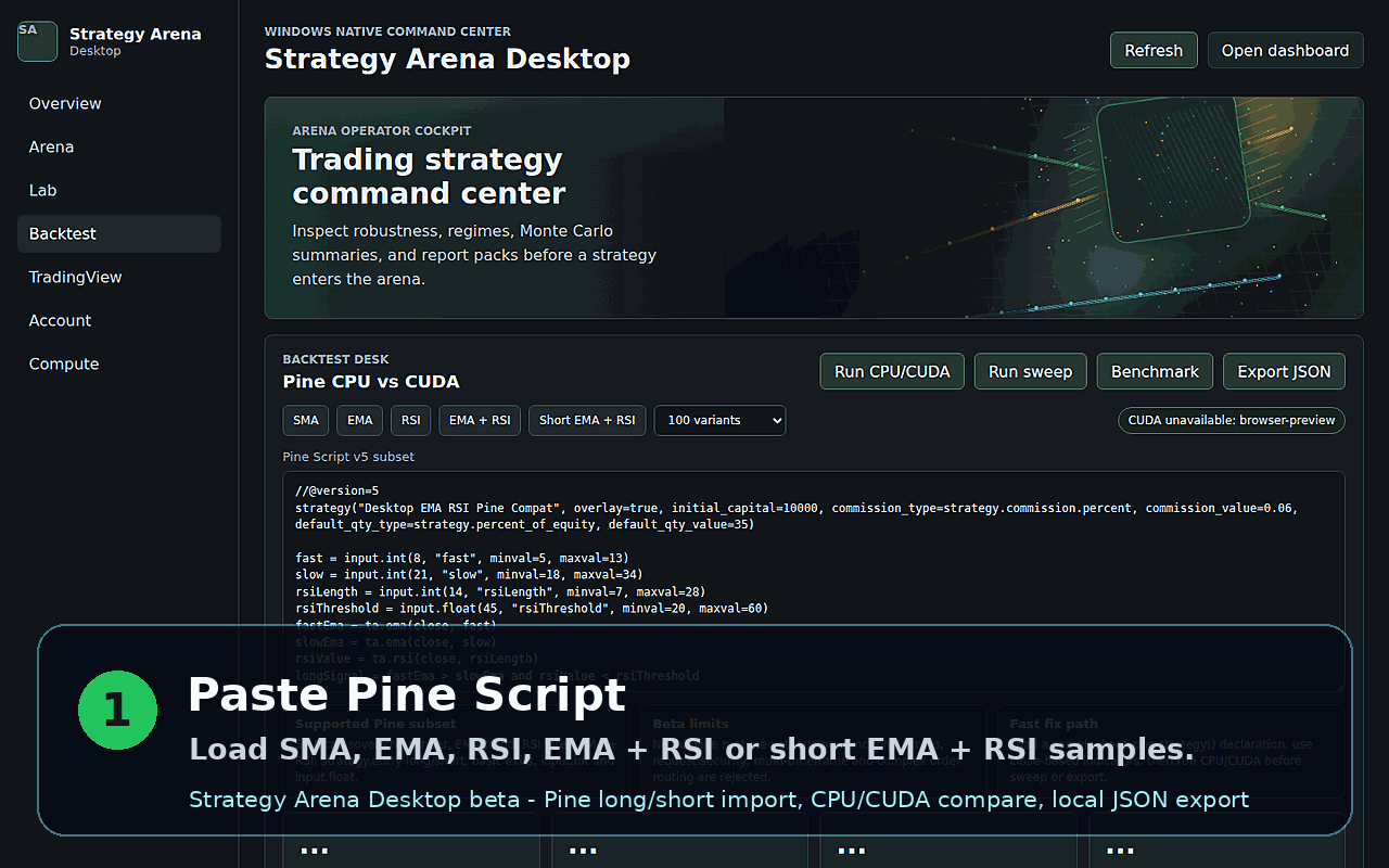 Animated Strategy Arena Desktop demo showing Pine Script import CPU CUDA benchmark and JSON export